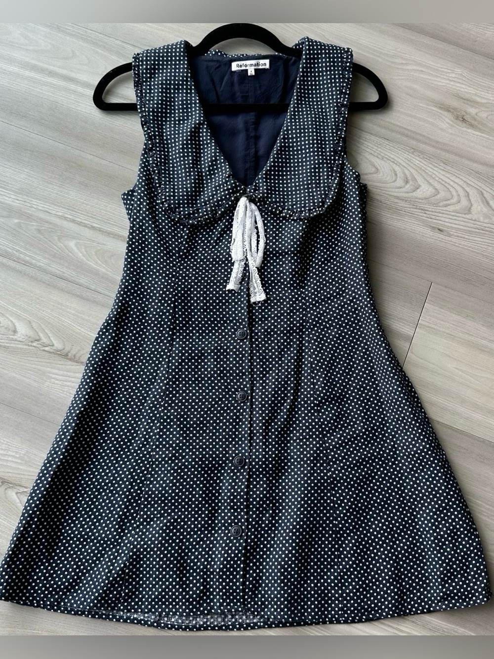 Reformation soraya navy & White Polka Dot Tie-Front Mini Dress